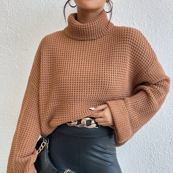 Camel Casual Women's Turtleneck Drop Shoulder Waffle Knit Sweater - Picture 3 of 6